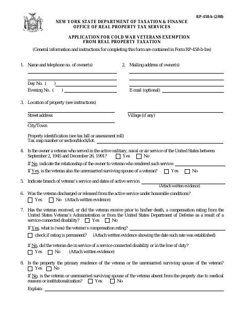First page of the Application for Cold War Veterans Exemption from Real Property Taxation
