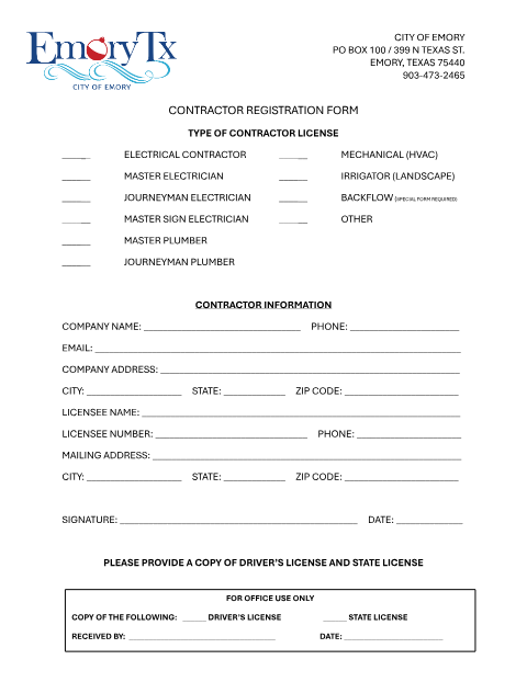 First page of the Contractor Registration Form