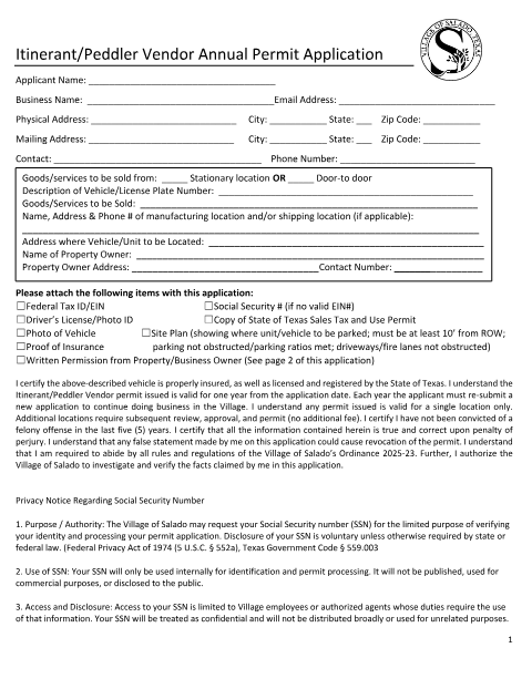 First page of the Itinerant/Peddler Vendor Annual Permit Application