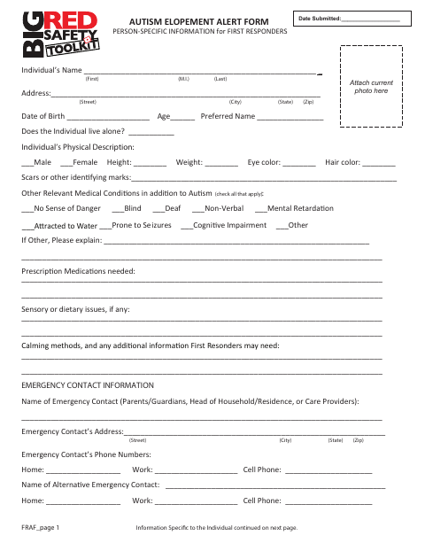 First page of the Autism Elopement Alert Form
