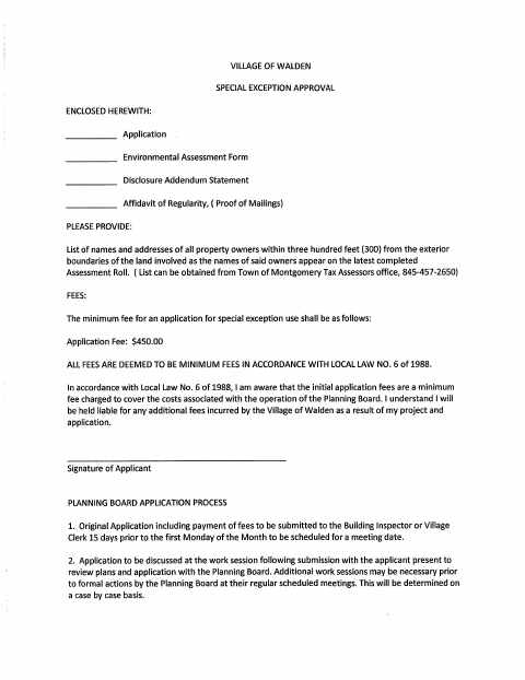 First page of the Special Exception Application