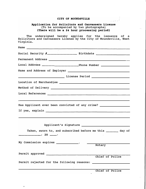 First page of the Solicitors and Canvassers License Application