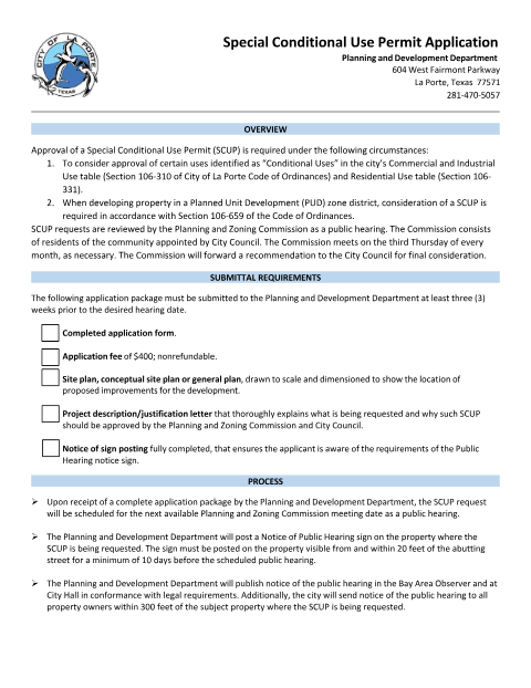 First page of the Special Conditional Use Permit Application