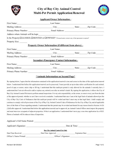 First page of the Multi-Pet Permit Application/Renewal