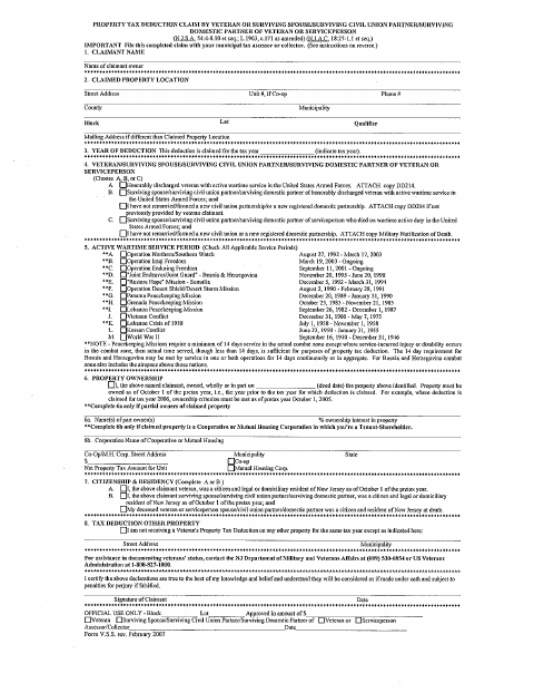 First page of the Veteran's Property Tax Deduction Claim