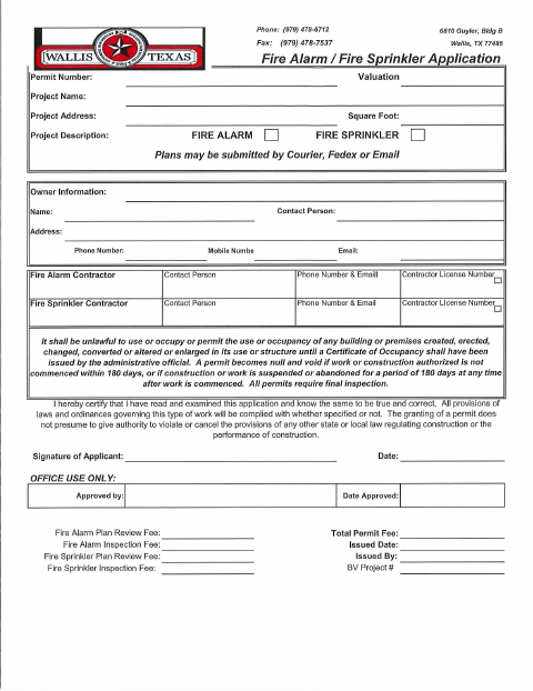 First page of the Fire Alarm / Fire Sprinkler Application