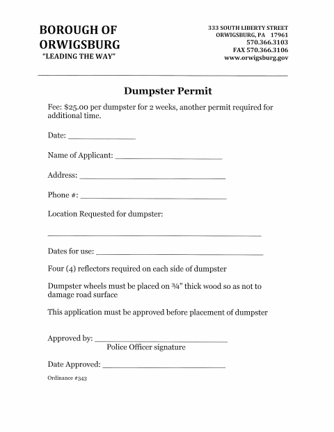 First page of the Dumpster Permit Application