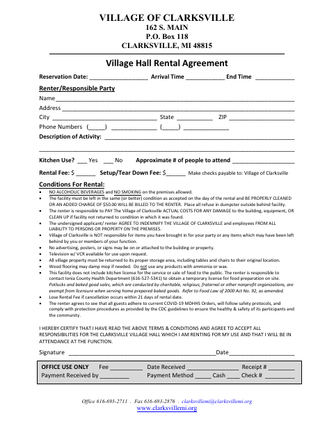 First page of the Village Hall Rental Agreement