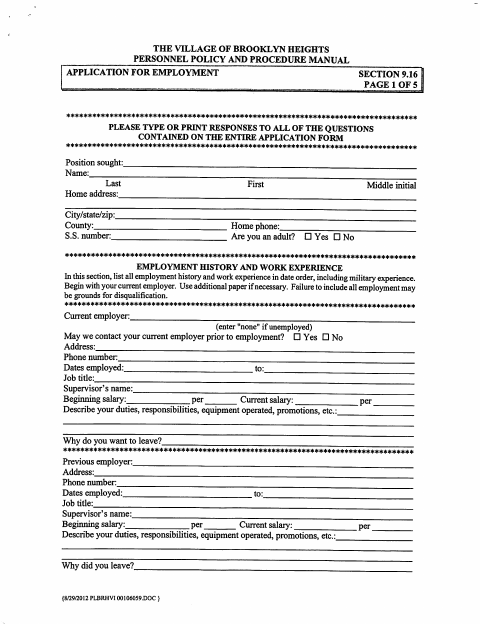 First page of the Application for Employment