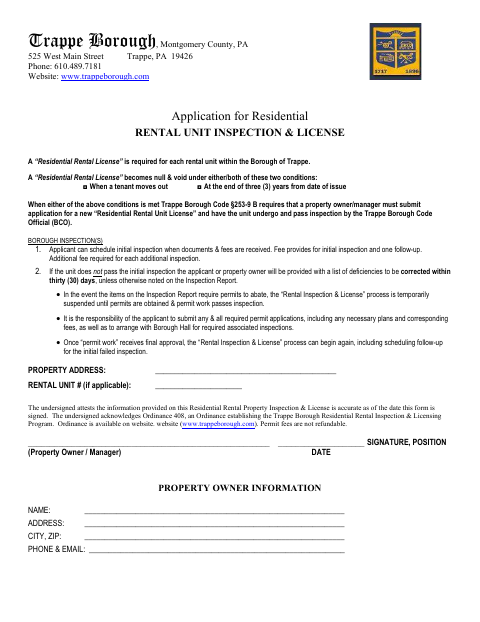 First page of the Application for Residential Rental Unit Inspection & License