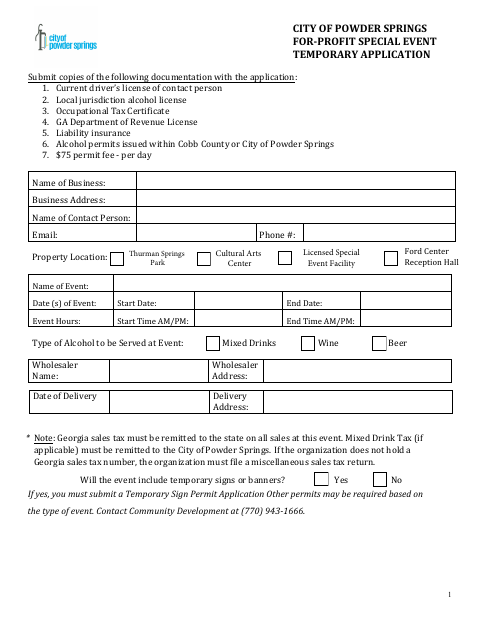 First page of the Special Event Temporary Alcohol Permit