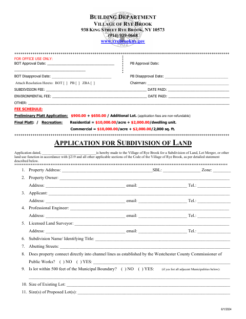 First page of the Subdivision Application