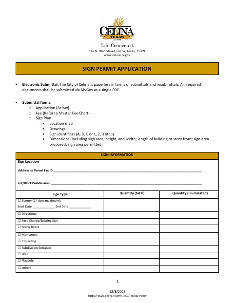 First page of the Sign Permit Application