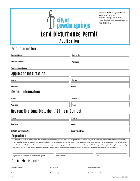 First page of the Land Disturbance Permit Application