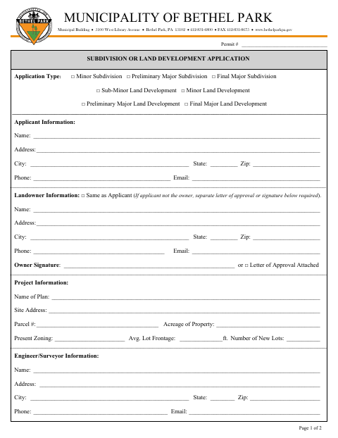 First page of the Subdivision or Land Development Application