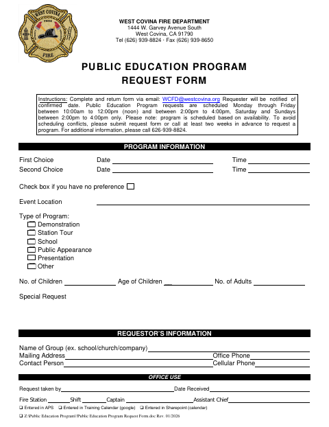First page of the Public Education Program Request Form