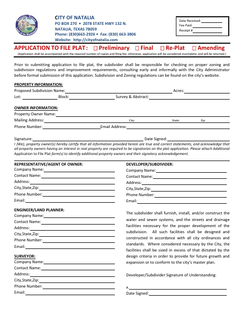 First page of the Application to File Plat