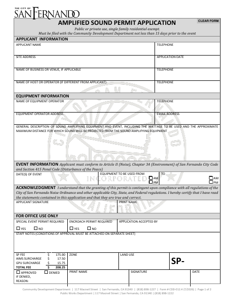 First page of the Amplified Sound Permit Application