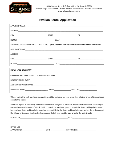 First page of the Pavilion Rental Application