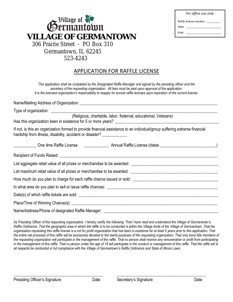 First page of the Raffle License Application