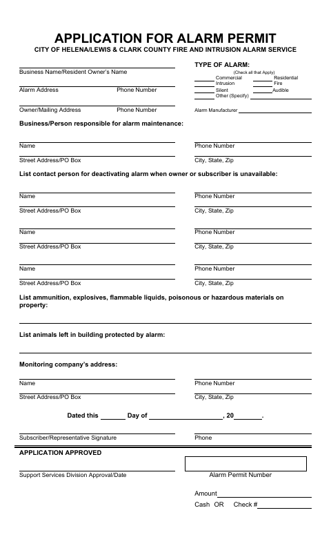 First page of the Helena and Lewis and Clark County Alarm Permit Application
