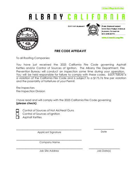 First page of the Reroofing Fire Code Affidavit