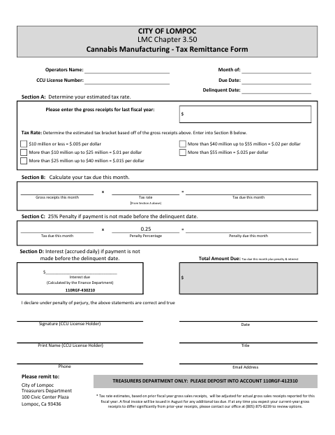 First page of the Cannabis Manufacturing Tax Remittance Form