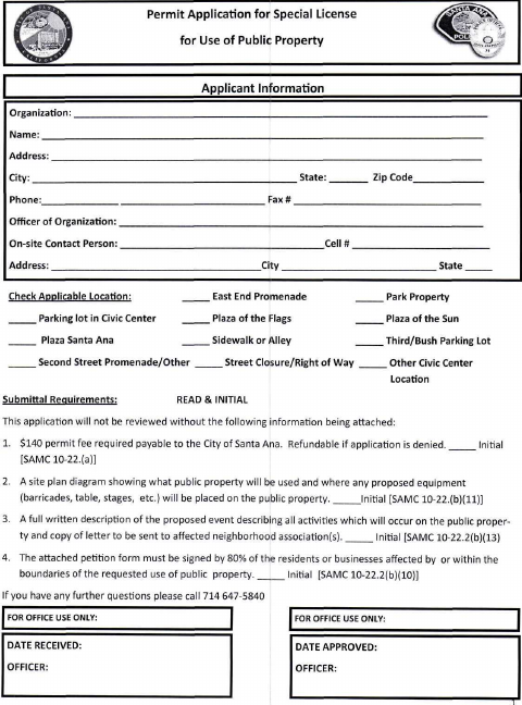 First page of the Permit Application for Special License for Use of Public Property