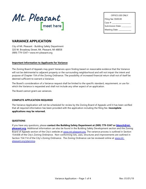 First page of the Variance Application (Zoning Board of Appeals)