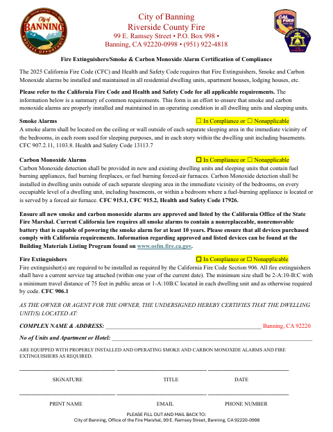 First page of the Fire Extinguishers/Smoke & Carbon Monoxide Alarm Certification of Compliance