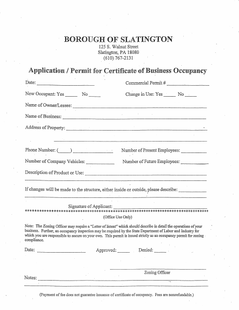 First page of the Business Occupancy Permit Application