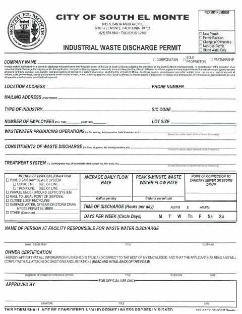 First page of the Industrial Waste Discharge Permit