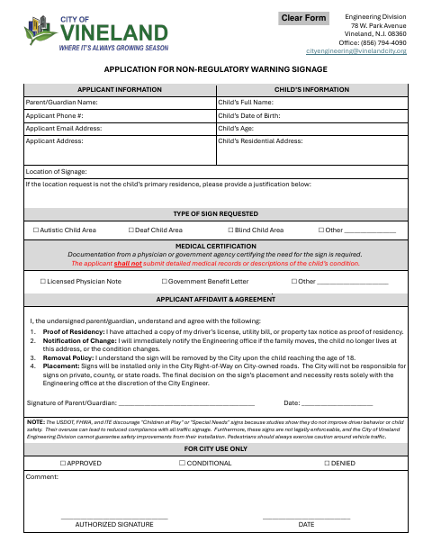 First page of the Application for Non-Regulatory Warning Signage