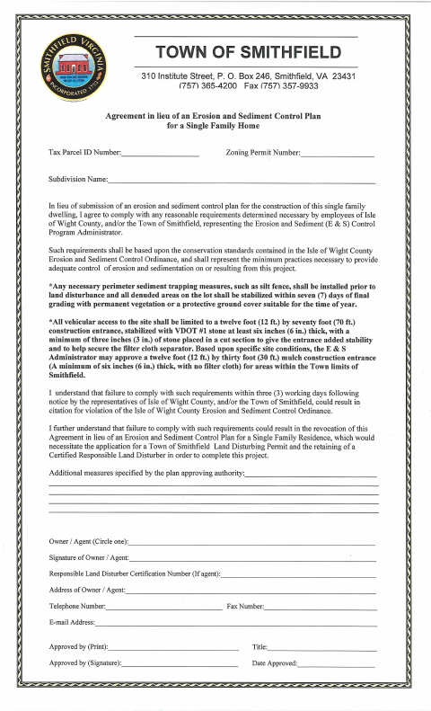 First page of the Agreement In-Lieu of an Erosion and Sediment Control Plan Application