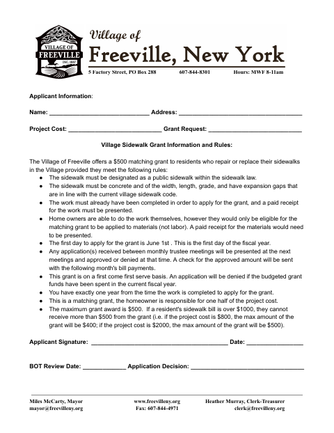 First page of the Village Sidewalk Grant Application