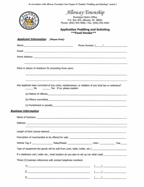 First page of the Peddling and Soliciting Food Vendor Application