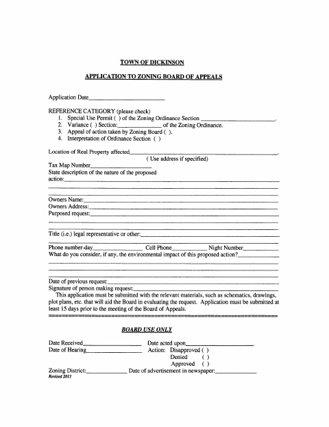 First page of the Zoning Board of Appeals Application