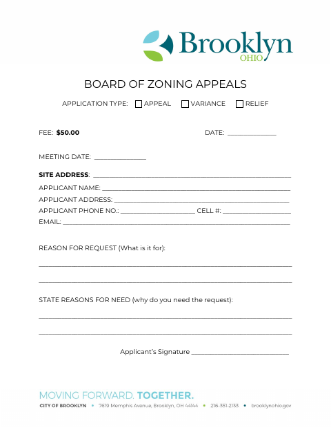 First page of the Board of Zoning Appeals Application