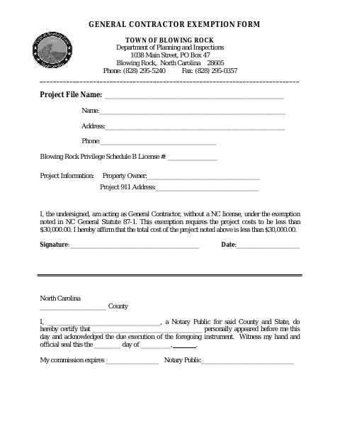 First page of the General Contractor Licensing Exemption Form