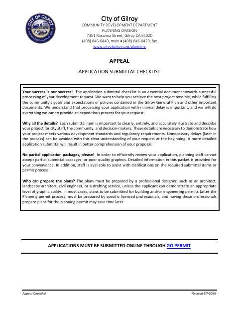 First page of the Appeal Application Submittal Checklist