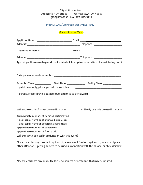 First page of the Parade and/or Public Assembly Permit