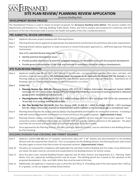 First page of the Site Plan Review / Planning Review Application for Accessory Dwelling Units