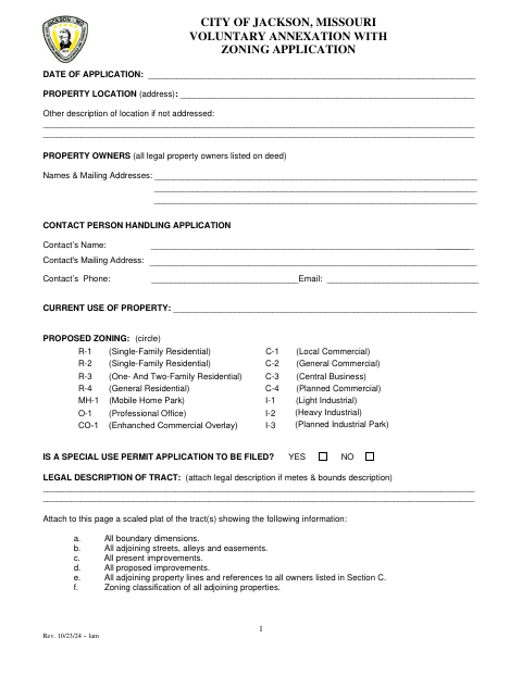 First page of the Voluntary Annexation With Zoning Application