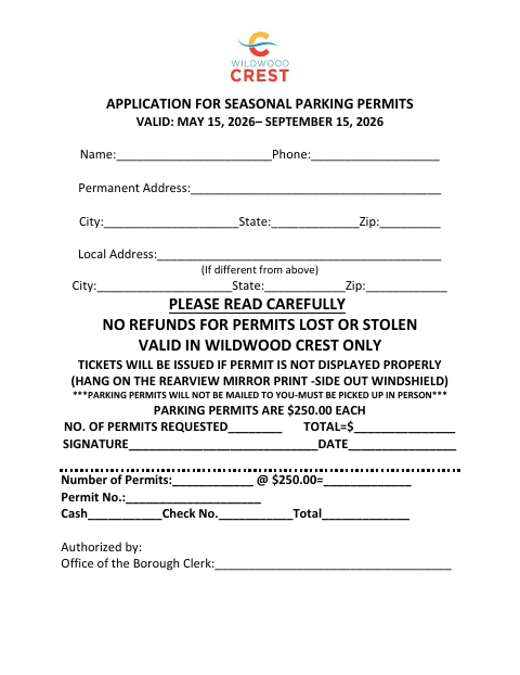 First page of the Application for Seasonal Parking Permits