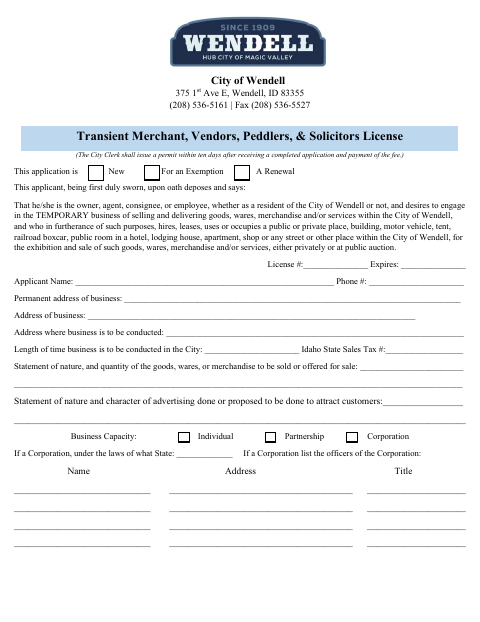 First page of the Transient Merchant, Vendors, Peddlers, and Solicitors License Application