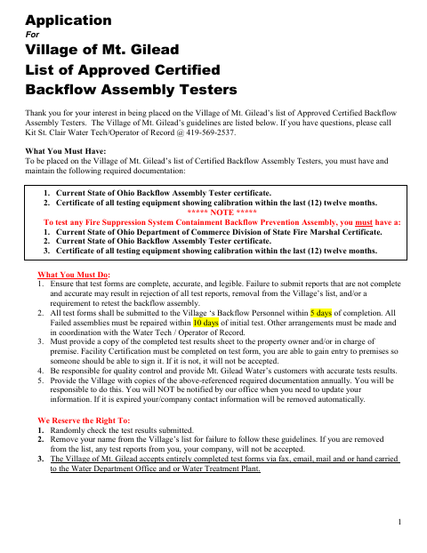First page of the Approved Backflow Tester Application