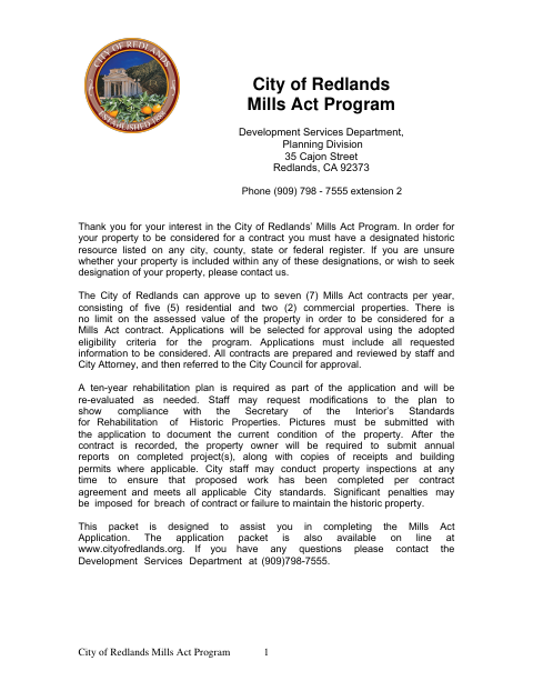 First page of the Mills Act Program Application