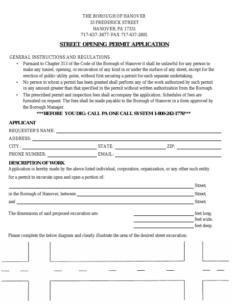First page of the Street Opening Permit Application