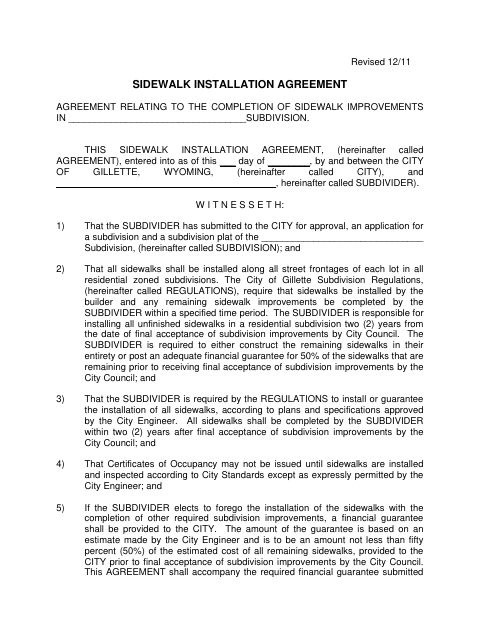 First page of the Sidewalk Installation Agreement