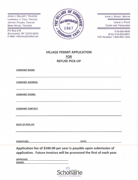 First page of the Village Permit Application for Refuse Pick-Up